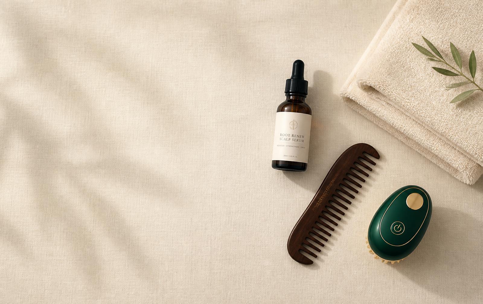Sérum capillaire, peigne et appareil NUVÉLYA sur un lin crème